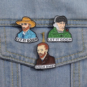 Detail of Van Gogh enamel pins with Let It Gogh text on blue denim jacket pocket