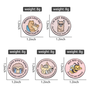 Set of five pink enamel pins featuring cartoon animals with funny English quotes and 1.2 inch size