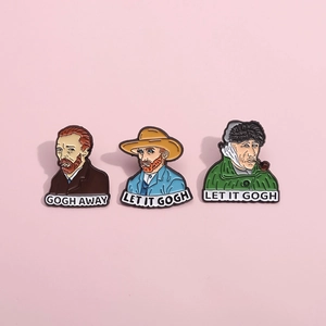 Lot de trois broches en émail dessin animé Van Gogh avec slogans créatifs Gogh Away
