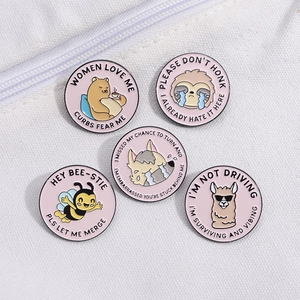 Set of 5 pink enamel pins featuring cute animals and funny driving quotes