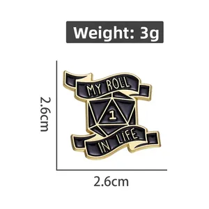 Detail of a D20 dice enamel pin with 'MY ROLL IN LIFE' ribbon and 2.6cm size markers