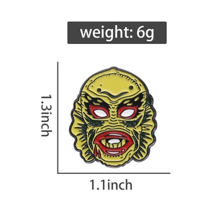 Macro detail of monster enamel pin showing yellow and red colors with dimension markings