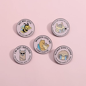 5pcs cartoon animal enamel pin set with funny slogans like HEY BEE-STIE and WOMEN LOVE ME