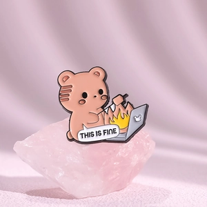 Creative cartoon pink bear enamel pin featuring 'THIS IS FINE' meme on pink stone