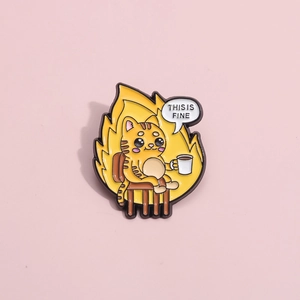 Funny Cat Meme Enamel Pin This Is Fine Orange Tabby Cat Drinking Coffee In Fire Alloy Brooch For Backpack Clothing Decor