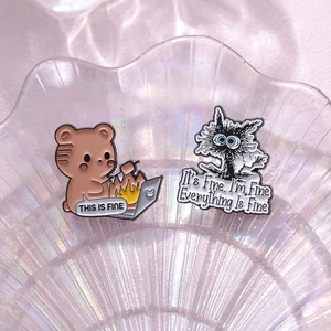 Enamel badges with burning bear and black cat, funny internet meme cartoon jewelry
