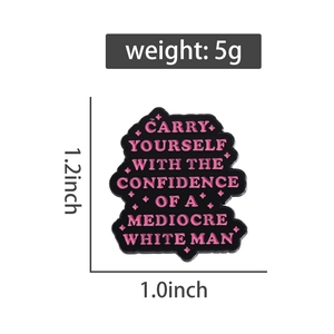 Size and weight details of black enamel pin with pink motivational slogan text