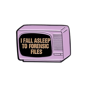 Purple retro television enamel pin with I Fall Asleep To Forensic Files text