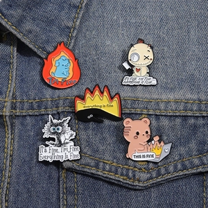 5-piece meme enamel pin set with It's Fine theme on denim jacket pocket