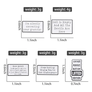 Size chart for black and white metal enamel letter brooches showing dimensions and weights