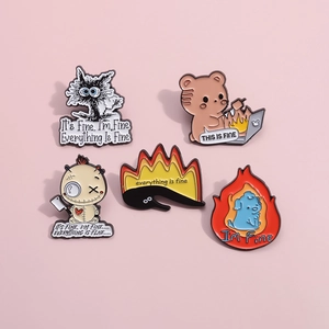Creative cartoon alloy enamel pins set featuring a cat, bear and meme designs on pink background