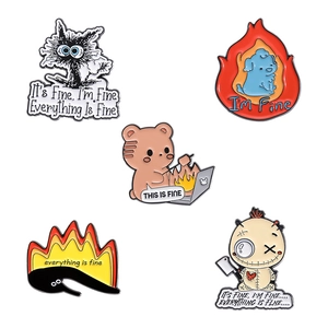 Whimsical cartoon metal badges collection featuring 'It's Fine' meme fire theme design