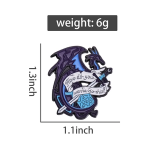 Detailed view of enamel dragon pin with D20 dice and sword, 1.3 by 1.1 inches size guide