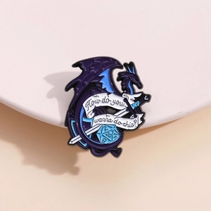 Creative dragon and D20 dice enamel pin featuring 'How do you wanna do this?' text