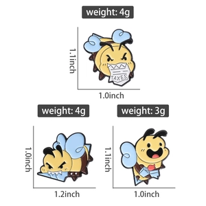 Detailed size and weight specs for three cartoon bee enamel pins in funny poses