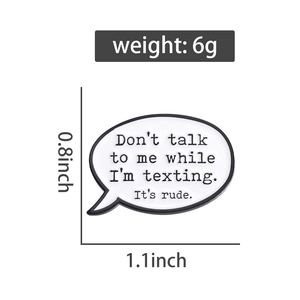 Detailed size chart and weight of the speech bubble enamel pin with ironic phrase