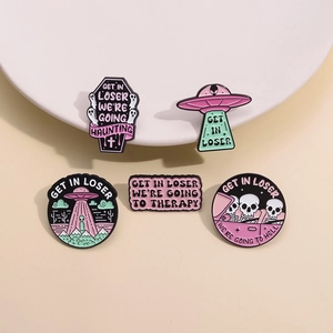 Funny Gothic Enamel Pin UFO Alien Skull Coffin Ghost Brooch Get In Loser English Slogan Zinc Alloy Badge For Backpack Clothes