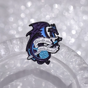 Blue and purple dragon enamel pin with D20 dice and DND gaming quote for fantasy lovers