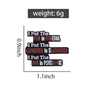 Detailed size view of black enamel pin with funny quote and 0.9 inch height