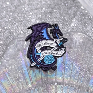 Purple dragon enamel pin with D20 dice and sword on iridescent shell background