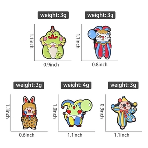 Detailed size and weight chart for clown circus animal pins including cat and frog