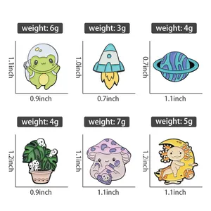Size chart showing weight and dimensions for cartoon enamel pins featuring frogs and mushrooms