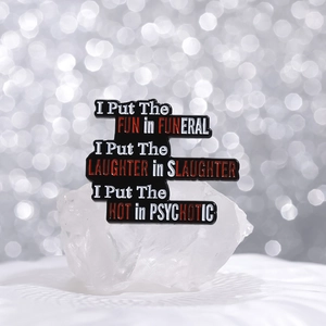 Enamel pins with creative English quotes on white crystal props and silver background