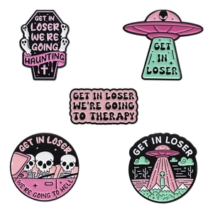 Five-piece dark punk alien enamel pins set featuring UFO and coffin designs