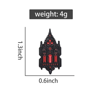 Detailed size specifications of gothic cathedral enamel pin with weight 4g and 1.3 inch height