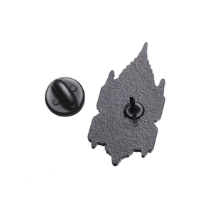 Macro view of gothic magic castle brooch back with matte black finish and rubber pin back