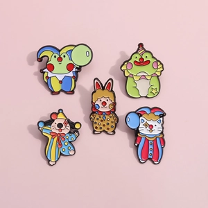 Five colorful cartoon animal circus enamel pins including a rabbit dog and frog