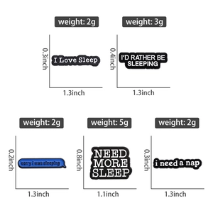 Detailed size chart for I love Sleep enamel pins showing black and white alloy badges