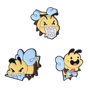 Three cartoon bee enamel pins in funny poses made of painted alloy for unisex accessories