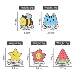 Cartoon animal and fruit enamel pins set with bee, cat, star, and watermelon designs