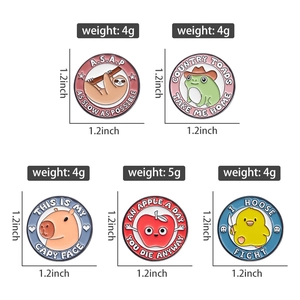 Set of 5 cartoon animal enamel pins showing precise 1.2 inch dimensions and weights