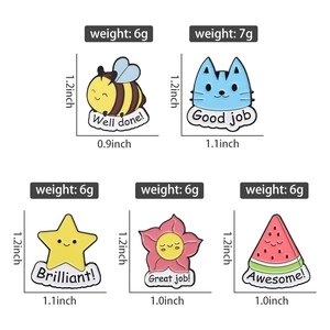 Detailed size and weight chart for enamel bee, cat, star and flower lapel pin set