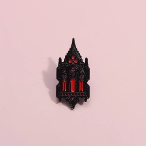 Gothic cathedral enamel brooch with red stained glass window design for clothes and bags