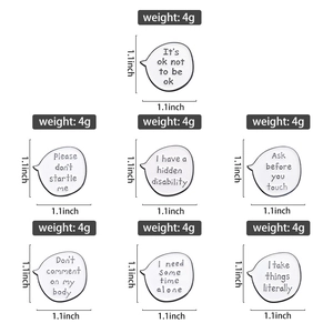 Detailed view of enamel pins with speech bubbles and dimensions showing 1.1 inches