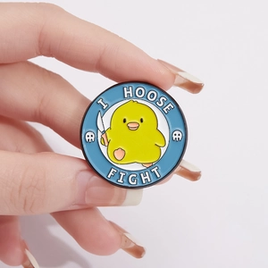 Cartoon chicken enamel pin holding a knife with I HOOSE FIGHT text on blue background