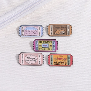 5-piece enamel pin set with creative movie ticket designs and cute colorful illustrations