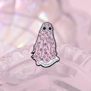 Pink ghost boot enamel pin with white flowers and I'M THE PROBLEM IT'S ME text