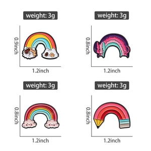 Detailed view of four colorful enamel cat pins with dimensions and weight specs