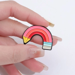 Cute rainbow pencil shaped enamel brooch with creative cat cartoon design in bright colors
