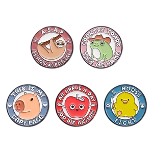 Set of five cute cartoon animal enamel pins featuring sloth and capybara in round designs