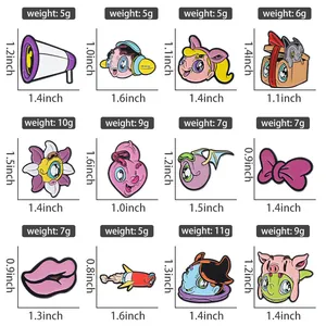 Size chart showing dimensions and weight for various cartoon enamel pins and badges