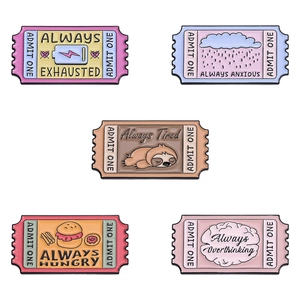 Pastel enamel movie ticket pins with Admit One and mood quotes on white background