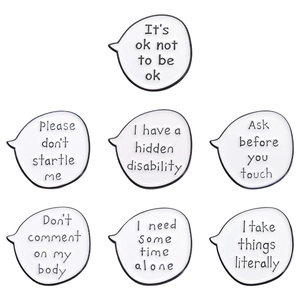 Set of 7 white speech bubble enamel pins with mental health quotes for backpacks