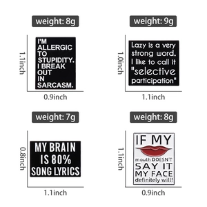 Set of four minimalist enamel pins with funny English quotes and red lip details