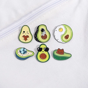 6-piece cute cartoon avocado enamel pins featuring astronaut and cat shapes on canvas