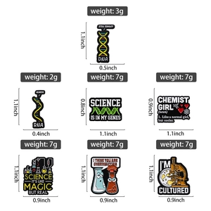 Detailed set of 7 enamel pins featuring DNA, RNA and lab equipment with humorous text